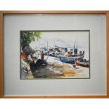 Hugh Lane-Davies - 'Mending Nets - Karystos', watercolour, signed with initials lower left, 22.5 x