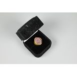 A Masonic signet ring, yellow metal set with chalcedony, size N (stone cracked)