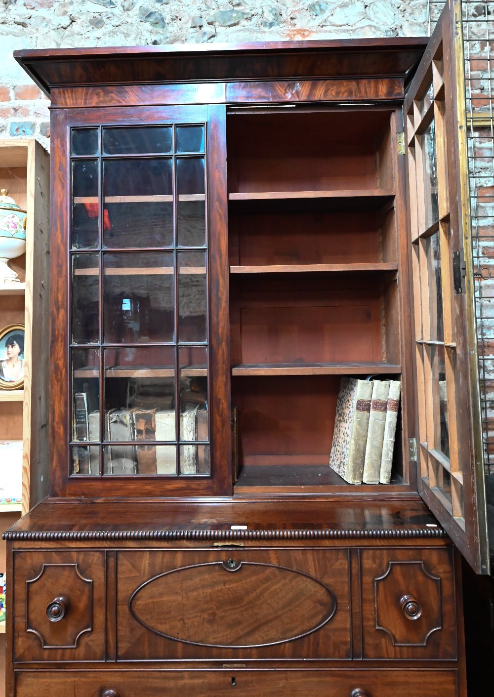 A Regency mahogany secrétaire library bookcase, the associated two door astragal glazed cabinet - Image 5 of 7