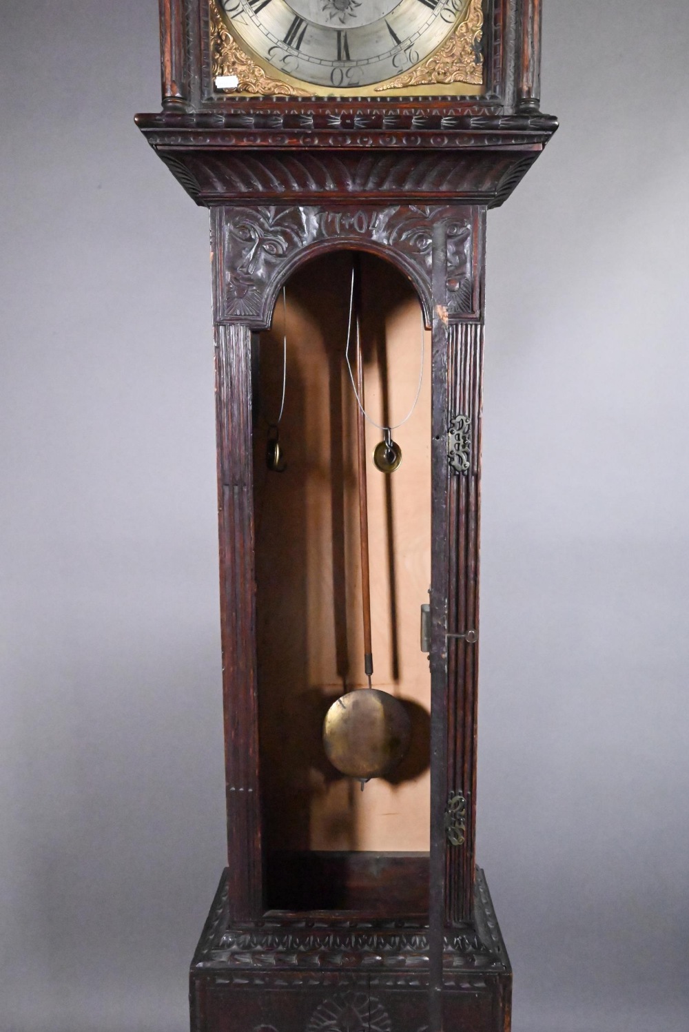 Jarvis, Dalton, an 18th century and later carved oak clock, the eight day movement with arched brass - Image 4 of 8