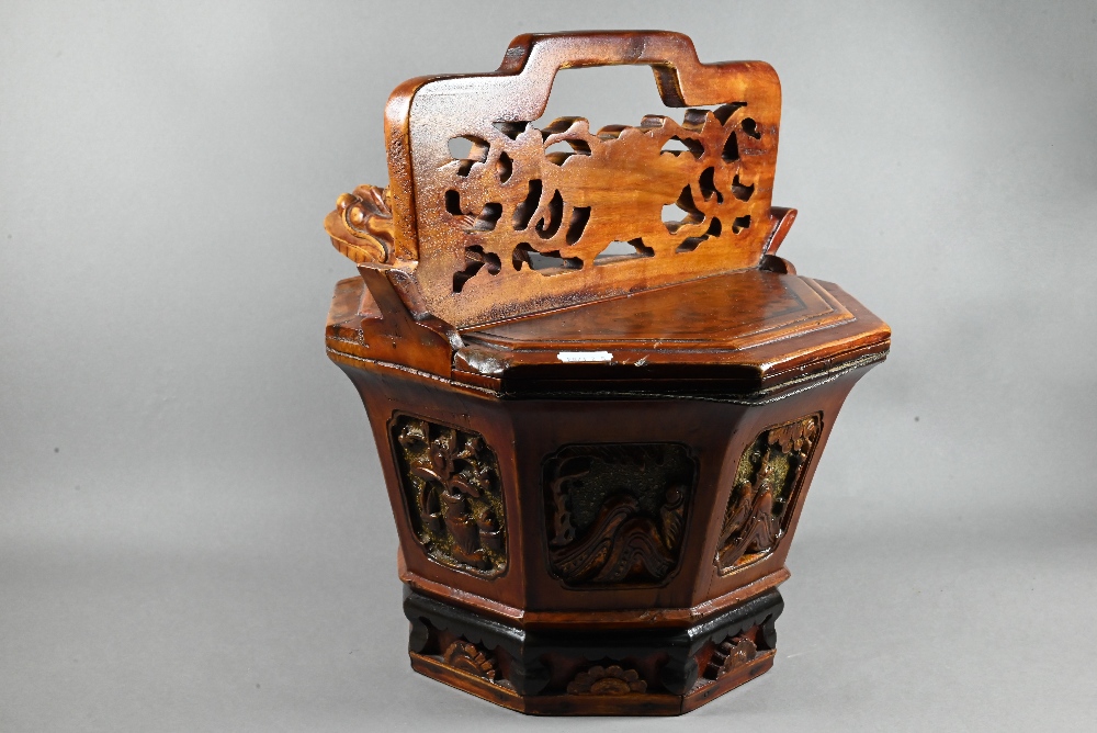 A Chinese stained hardwood water bucket of tapering octagonal form with floral and foliate fret- - Image 8 of 10