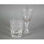 Victorian glass goblet, the bowl wheel-etched with flower and foliage, on hexagonal waisted hollow