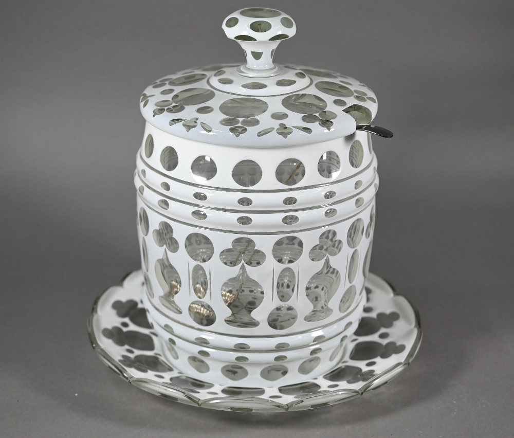 Bohemian overlaid glass rumtopf of barrel form with cover and stand, 31 cm, to/w a French Christofle - Image 2 of 4