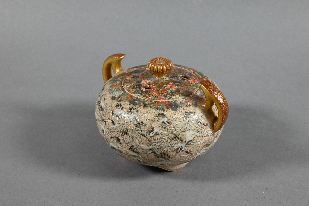 A small Satsuma twin-handled koro and cover with chrysanthemum finial,  gilded and finely painted in - Image 2 of 11