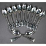 Part set of eleven early Victorian silver fiddle & thread teaspoons, William Eaton, London 1838,