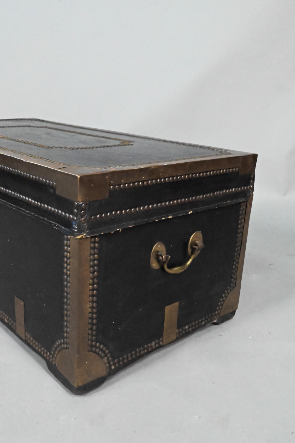 A 19th century brass studded black leather clad camphor-lined trunk, with brass handles to the - Image 4 of 5