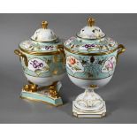 Two early 19th century turquoise-ground and gilt covered urns, the reserves painted with floral