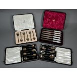Edwardian cased set of six silver tea knives with mother of pearl handles, Harrison Brothers &