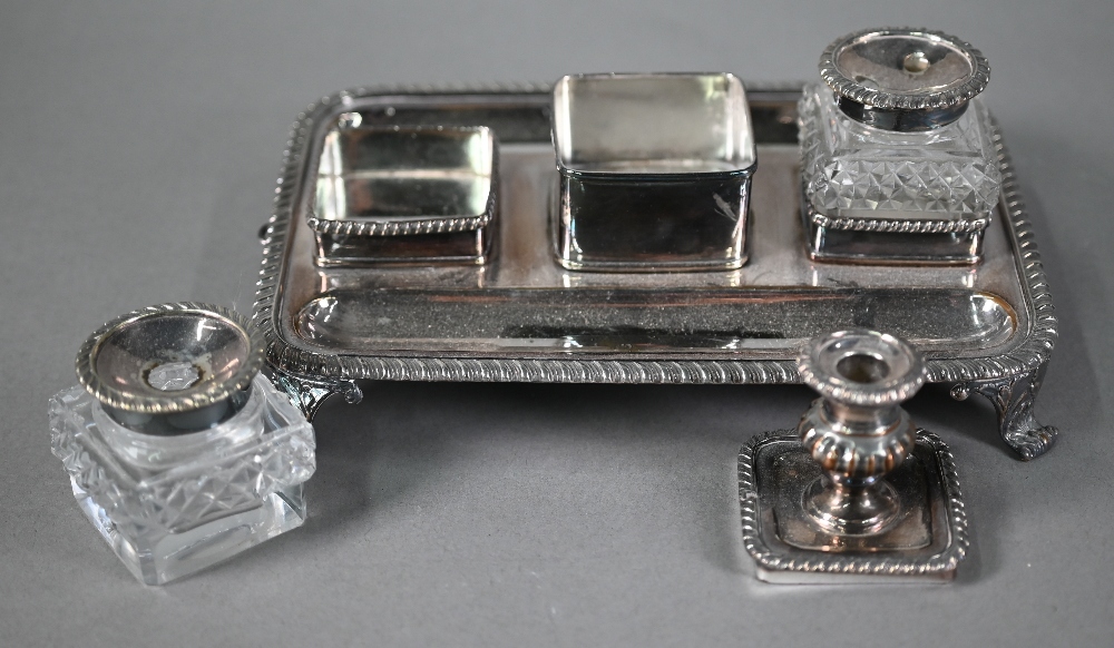 19th Century plated on copper inkstand with gadrooned rim and two pen-troughs, fitted with nib-box - Image 2 of 4