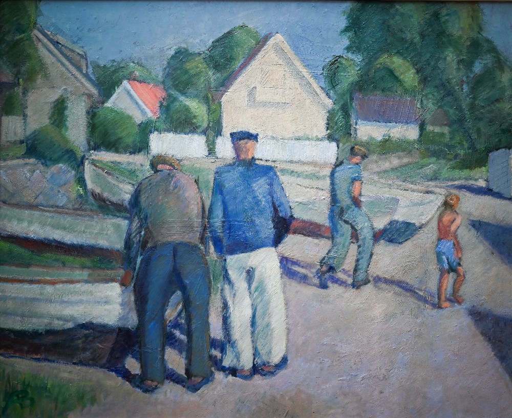 AB - Figures at a boatyard, oil on board, signed lower right, 60 x 50 cm - Image 2 of 4