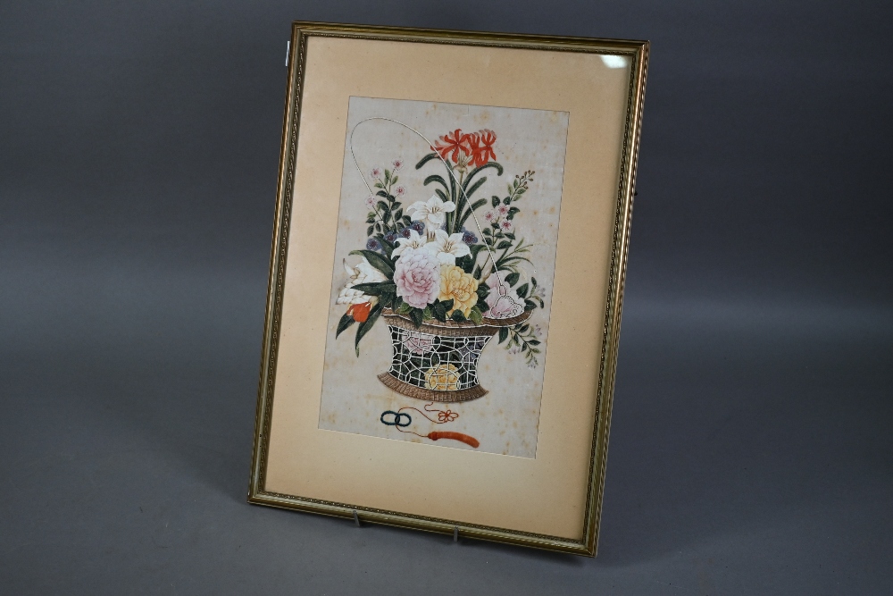 An early 20th century Chinese painting of a basked filled with various flowers, ink and