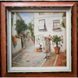 Aldama - Marbella street view, oil on board, signed lower right, 62 x 62 cm