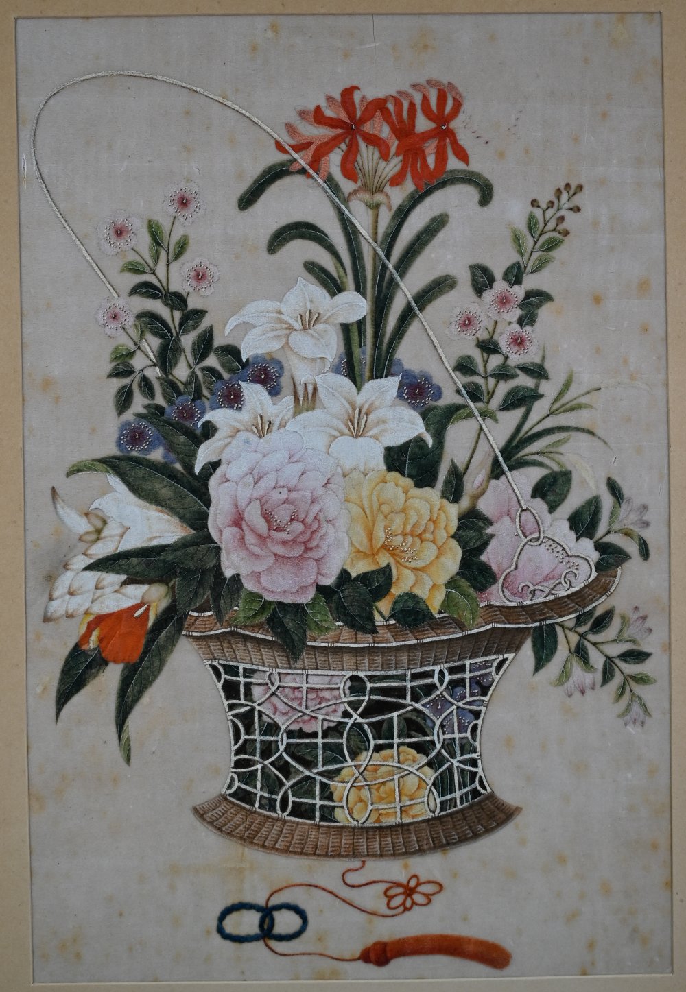 An early 20th century Chinese painting of a basked filled with various flowers, ink and - Image 3 of 3