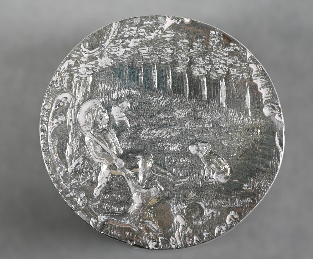 A Continental silver cylindrical snuff box, the hinged cover embossed with a huntsman with dog, - Image 4 of 4