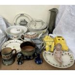 A Royal Doulton three handled loving cup together with a Royal Doulton stoneware mug, jug and vase,