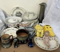 A Royal Doulton three handled loving cup together with a Royal Doulton stoneware mug, jug and vase,