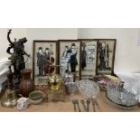 A pair of spelter figures together with collectors plates, tiles,