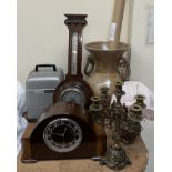 A mahogany cased aneroid barometer together with a mahogany mantle clock,