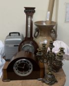 A mahogany cased aneroid barometer together with a mahogany mantle clock,