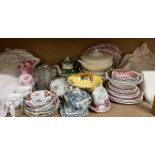 Floral painted pink glass vases together with pottery tureens and covers,