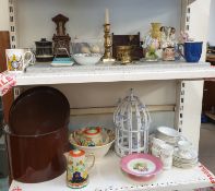 A large lot including hardstone eggs, brass candlesticks, Staffordshire figure, bread bin,