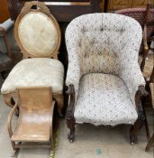 A Victorian rosewood button back upholstered library chair together with a Continental chair and a