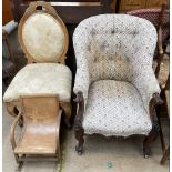 A Victorian rosewood button back upholstered library chair together with a Continental chair and a