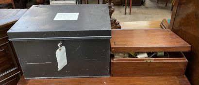 A metal deed box together with a sewing box and contents
