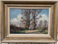 Kenneth Denton Late evening in Kent Oil on board Signed and label verso 23.5 x 36.