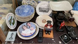 A shop scales together with a sewing machine, Six Nations coasters, collectors plates,