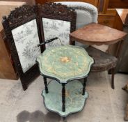 A carved two fold screen together with a mahogany corner washstand an Italian inlaid trolley