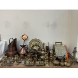 A brass letter scales together with a large quantity of copper and brasswares including a coal box,