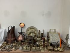 A brass letter scales together with a large quantity of copper and brasswares including a coal box,