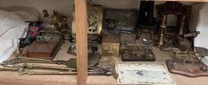 Three gilt brass picture frames together with brass candlesticks, two brass letter scales,