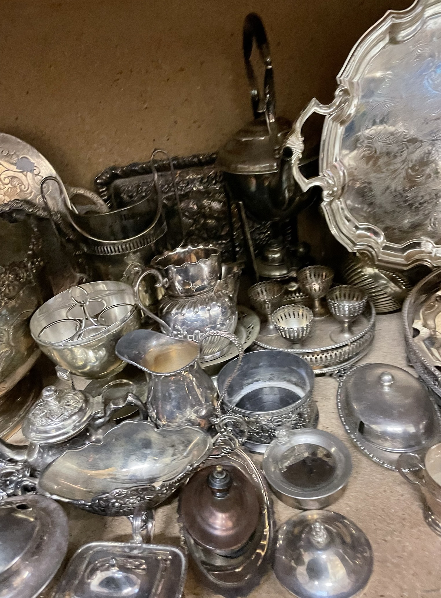 A large collection of electroplated wares including a punch bowl and mugs, trays, - Image 4 of 5