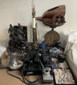 A Salter scales together with camera lenses, bronzed figure,