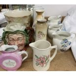 A Beswick Ware Sairey Gamp character jug together with a jardiniere, jugs,
