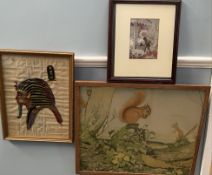 A print of red squirrels together with another print and an Egyptian papyrus picture