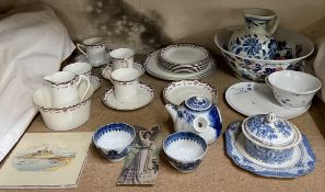 A Longton part tea set together with blue and white tea bowls, Chinese Saki pot,
