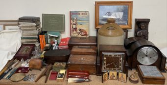 A Victorian rosewood converted tea caddy together with other boxes, books, mantle clocks, pens,