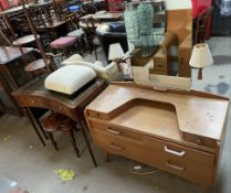 A mid 20th century oak dressing table together with a reproduction mahogany desk, foot stool,