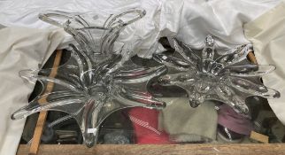 A pair of clear glass bowls of naturalistic form together with another flared vase