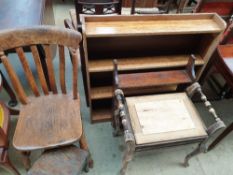 A hanging wall shelf, together with a kitchen chair, a stool,