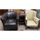 A brown leather upholstered arm chair together with a cream upholstered arm chair and a mahogany