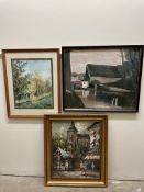 Bernard A continental street scene Oil on board Together with another oil painting and a