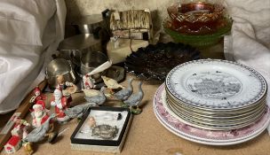 Carnival glass bowls, together with pottery plates, stainless steel part tea set, cake decorations,