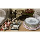 Carnival glass bowls, together with pottery plates, stainless steel part tea set, cake decorations,