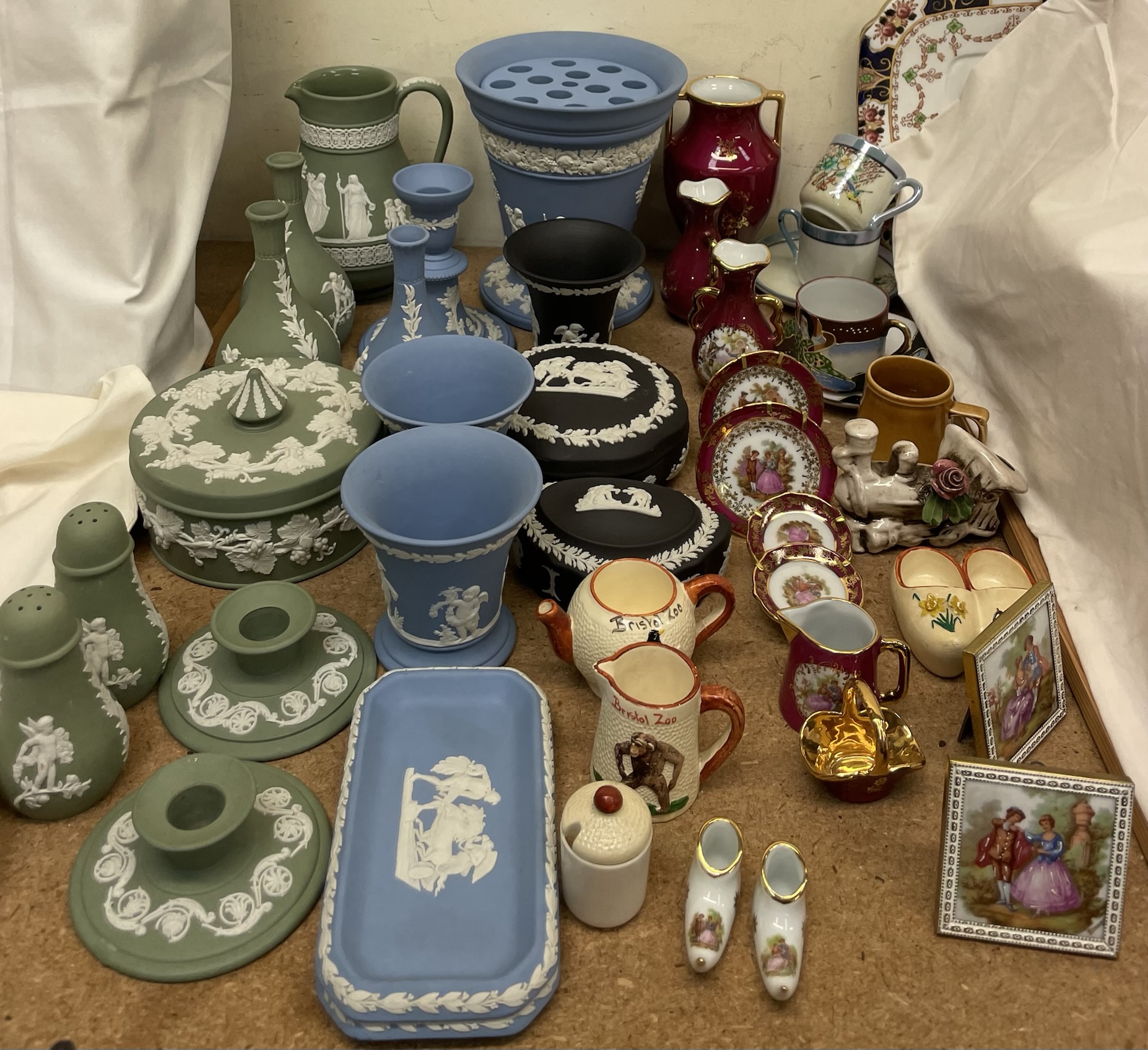 Assorted Wedgwood blue, green and black jasper wares together with assorted Limoges,