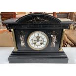 A Victorian black slate mantel clock,