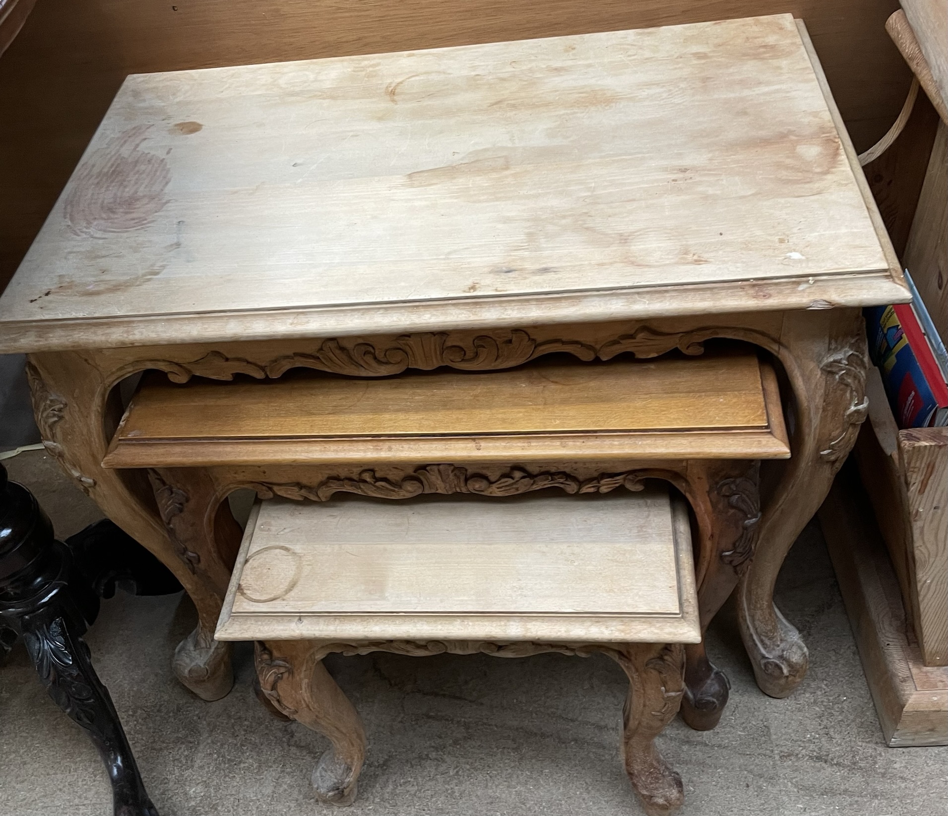 An oak bookcase together with a pair of pine bedside cabinets and a nest of three pine tables - Image 2 of 4